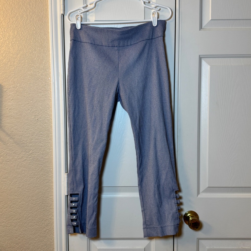 Attyre Crop Pull On Pants Blue Tweed Rhinestone Cut Out Ankle Stretch, Size 8